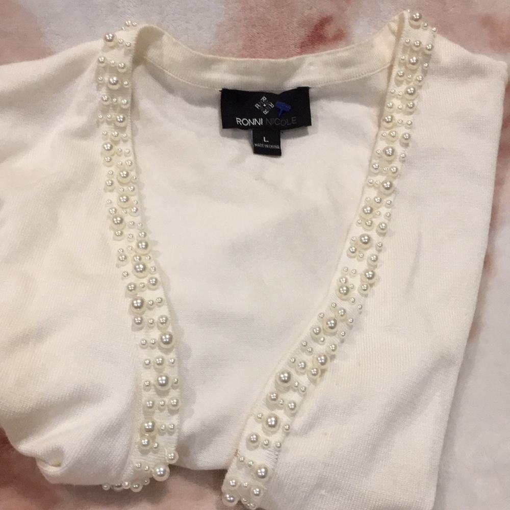 Ivory Knit Sweater Jacket with Faux Pearl Encrusted Edging Size Large Resale